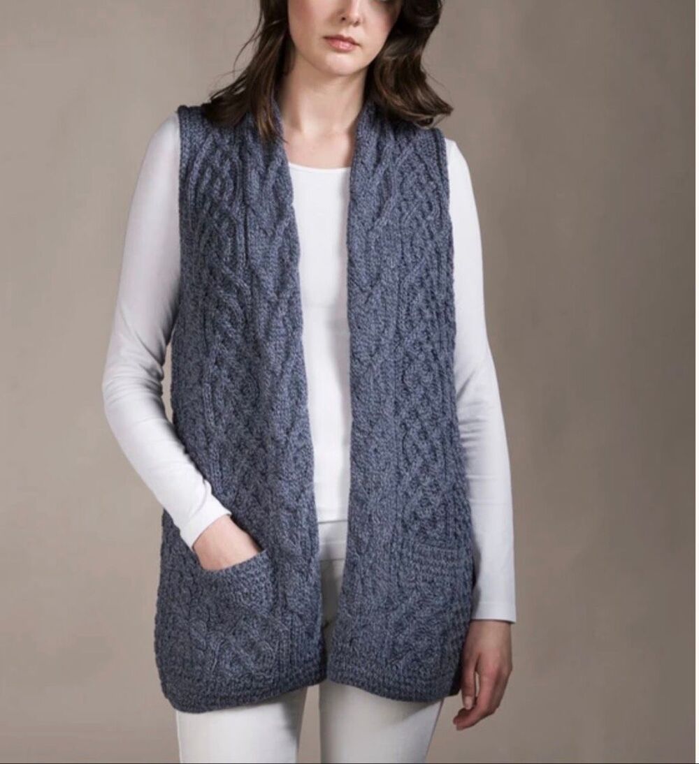 Kilronan Knitwear Merino Wool Aran Cable Knit Open Vest Pockets Women M NWT